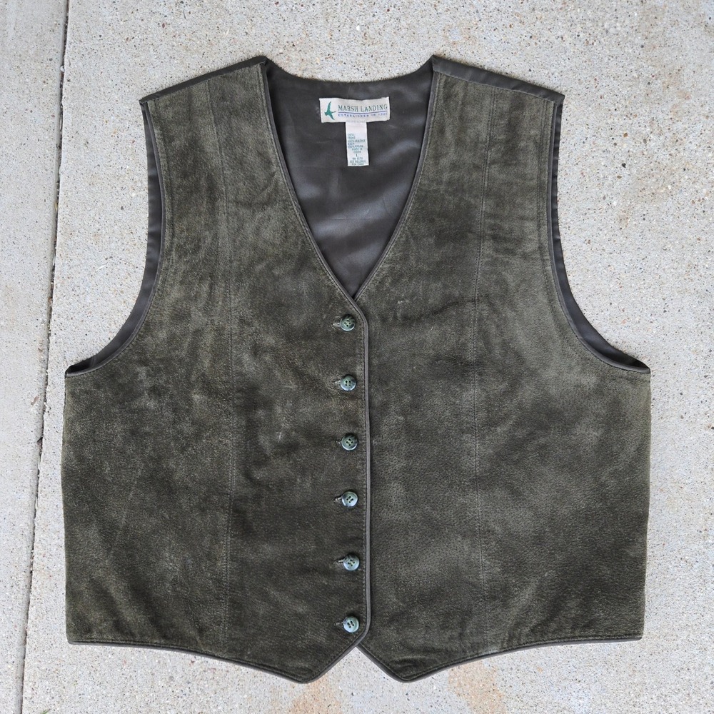 VTG Marsh Landing Vest Olive Green Mens Large Suede Leather Button Front Utility